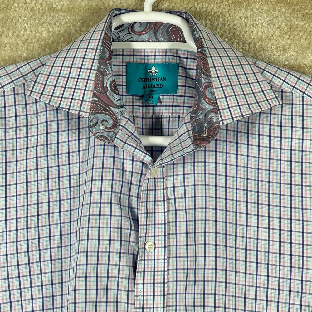 Christian Aujard Mens Dark Academia Plaid Paisley Trim Button Down Shirt M Blue